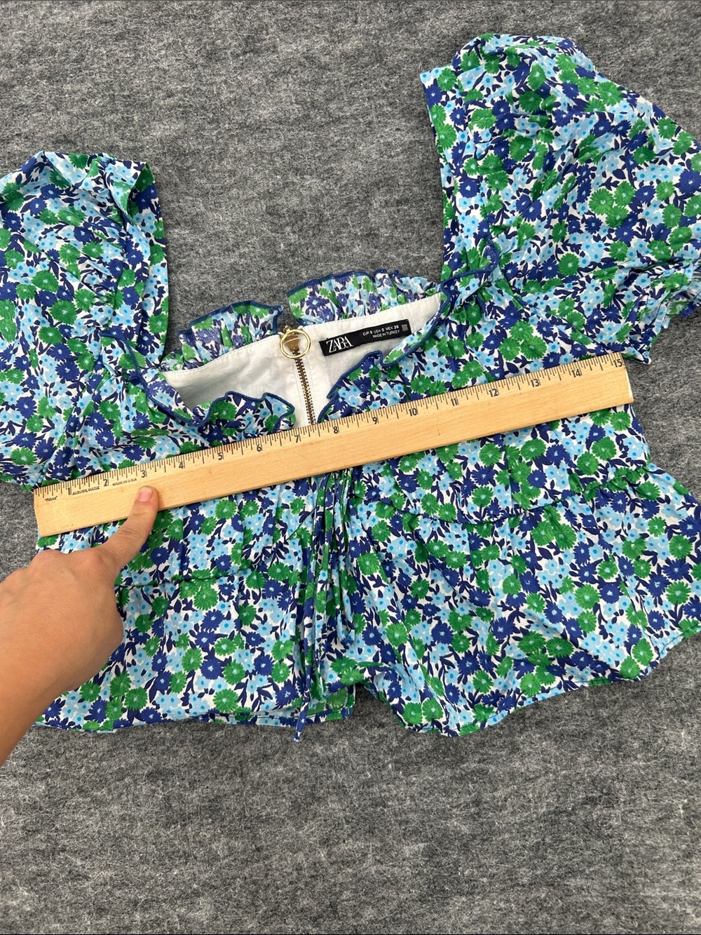 Zara Women’s Blue & Green Floral Puff-Sleeve Crop Top Size Small - Picture 7 of 9